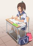  alternate_costume bag blush brown_eyes brown_hair desk eraser i-401_(kantai_collection) kantai_collection open_mouth pencil ponytail sailor_collar school_bag school_uniform serafuku shiden_(sashimi_no_wife) short_hair sitting skirt sleepy solo textbook 