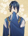  blue_hair freestyle18 hand_on_own_face japanese_clothes male_focus mikazuki_munechika sayagata sleeves_past_wrists solo touken_ranbu 