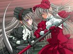  bangs battle braid coola dagger dress dual_wielding duel game_cg gloves gothic_lolita grey_hair hairband holding kourin_tenshi_en_ciel_rena lolita_fashion lolita_hairband long_hair multiple_girls polearm purple_eyes ribbon ririkusu saitou_natsuki scythe siblings twintails weapon 