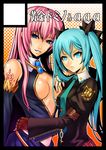  aka_(shoumae) aqua_hair bad_id bad_pixiv_id black_border blue_eyes border breasts center_opening circle_cut cleavage frown hatsune_miku highres long_hair medium_breasts megurine_luka multiple_girls necktie pink_hair vocaloid 