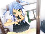  bad_id bad_pixiv_id blue_hair bow breast_padding breasts cleavage clock commentary crossdressing green_eyes male_focus mirror mouth_hold original otoko_no_ko plaid plaid_bow plaid_neckwear plaid_skirt skirt small_breasts solo twintails yui_7 