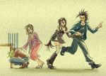  2boys 2girls aerith_gainsborough black_hair blonde_hair boots bow brown_hair cloud_strife couple cross depressed detached_sleeves dress female final_fantasy final_fantasy_vii jacket jewelry male multiple_boys multiple_girls necklace pointing shoes simple_background smile sunglasses switch tifa_lockhart walking zack_fair 
