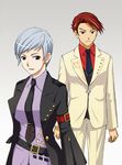  1girl belt black_eyes blue_hair breasts cross formal large_breasts lowres necktie red_hair short_hair silver_hair suit suzunoya umineko_no_naku_koro_ni ushiromiya_battler ushiromiya_kyrie 