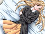  bed bible_black blonde_hair crossed_arms drill_hair game_cg green_eyes long_hair lying on_back school_uniform sei_shoujo shiraki_rika skirt smile solo thighhighs white_legwear 