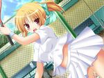  1girl blonde_hair game_cg ham_ham_soft ikeda_jun midriff miura_maki naisho_shishunki ponytail red_eyes ribbon sky solo tennis wristband yuki_sin 