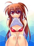  ahoge bikini blush breasts brown_hair cleavage covered_nipples fang hano_haruka large_breasts little_busters! long_hair mouth_hold natsume_rin ponytail red_eyes shirt_lift side_ponytail sitting solo swimsuit 