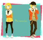  1girl bad_id bad_pixiv_id baseball_cap blonde_hair blue_eyes casual fashion hair_ornament hair_ribbon hairclip hat ho_(pixiv655034) hood hoodie juvenile_(vocaloid) kagamine_len kagamine_rin pantyhose ribbon short_hair skirt vocaloid 