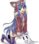 animal_ears blue_hair breasts goggles green_eyes jacket long_hair lowres medium_breasts oekaki open_clothes open_jacket original poporon slime smile solo thighhighs 