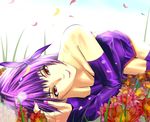  ayane_(doa) bad_id bad_pixiv_id dead_or_alive detached_sleeves flower headband japanese_clothes lying petals purple_hair red_eyes saitou_(sugarsa10) short_hair smile thighhighs 