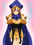  alena_(dq4) blush brown_eyes cape dragon_quest dragon_quest_iv earrings gloves hat jewelry k2_(pixiv1130508) latex latex_gloves long_hair orange_hair pantyhose skirt smell smile solo translation_request witch_hat 