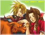  aerith_gainsborough animal blonde_hair brown_hair cloud_strife female final_fantasy final_fantasy_vii male petting red_xiii smile 