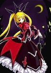  bat blazblue blonde_hair bow dress frills gii gothic_lolita hair_ribbon lolita_fashion long_hair rachel_alucard red_bow red_eyes ribbon solo toyo_(toyozine2009) twintails 