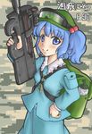  airsoft backpack bag blue_eyes blue_hair bullpup gun hair_bobbles hair_ornament hat highres kawashiro_nitori key p90 ruku_rx short_hair solo submachine_gun touhou twintails two_side_up weapon 