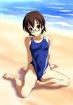  arm_support barefoot beach brown_eyes brown_hair competition_swimsuit day feet glasses highres k-on! manabe_nodoka norizou_type-r ocean one-piece_swimsuit red-framed_eyewear semi-rimless_eyewear short_hair sitting smile solo swimsuit toenails toes under-rim_eyewear 