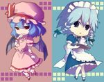  bat_wings blue_eyes blue_hair braid chibi cup hat izayoi_sakuya kanan_(karehane) maid multiple_girls red_eyes remilia_scarlet short_hair silver_hair teacup teapot touhou tray twin_braids wings 