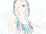  blue_eyes hair_over_one_eye hood hoodie long_hair megurine_luka open_mouth physalis pink_hair simple_background solo vocaloid 