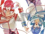  akaito blue_eyes blue_hair imori kaito male_focus multiple_boys open_mouth red_eyes red_hair red_string simple_background string vocaloid 