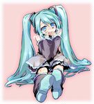  :d aqua_eyes aqua_hair aqua_nails blue_eyes blush body_blush boots border breath detached_sleeves halftone hand_to_own_mouth hatsune_miku headphones headset leg_warmers long_hair looking_at_viewer nail_polish necktie nisehoya open_mouth pink_background sitting skirt smile solo twintails very_long_hair vocaloid 