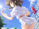  1girl ashishun brown_hair game_cg kegasareta_natsu kegasareta_natsu_jyuppon_no_te_de_naburareta_shoujo kleins_(company) nakane_miho racket sky solo tennis tennis_racket 