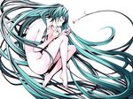  absurdly_long_hair aqua_hair barefoot closed_eyes duplicate feet flower full_body hatsune_miku legs long_hair nude shiningray_(vocaloid) simple_background solo torigoe_takumi twintails very_long_hair vocaloid 