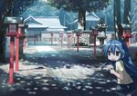  :3 ahoge anime_location blue_hair casual dappled_sunlight denim denim_shorts green_eyes isou_nagi izumi_konata landscape lantern long_hair looking_back lucky_star path pointing road scenery shade shorts shrine solo stone_lantern sunlight tree tree_shade 