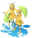  1girl aqua_eyes blonde_hair boots brother_and_sister etoichika frog hair_ornament hair_ribbon hairclip headphones headset kagamine_len kagamine_rin open_mouth raincoat ribbon short_hair shorts siblings twins umbrella vocaloid 