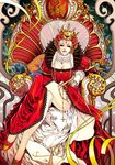  blue_eyes breasts cleavage cross crown dragon dress elizabeth_i england gown jewelry large_breasts legs neck_ruff necklace queen real_life real_life_insert red_hair rosary royal sayo_tanku scepter sitting slippers solo supportasse thighs throne united_kingdom 