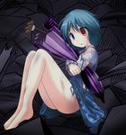  barefoot blue_hair broken closed_umbrella des dirty empty_eyes feet heterochromia hug karakasa_obake lonely messy_hair purple_umbrella short_hair solo tatara_kogasa tears thighs torn_clothes touhou umbrella 