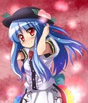  binsen blue_hair food fruit hat hinanawi_tenshi long_hair peach red_eyes solo touhou 