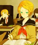  1girl blonde_hair brother_and_sister green_eyes hair_ornament hairclip hanoya kagamine_len kagamine_rin necktie pen red_neckwear school school_uniform short_hair siblings sitting twins vocaloid 