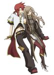  1girl aerialsoul boots brown_hair couple dress gloves hair_over_one_eye hetero high_heels knee_boots long_hair luke_fon_fabre pants red_hair red_legwear shoes smile tabard tales_of_(series) tales_of_the_abyss tear_grants thighhighs zettai_ryouiki 
