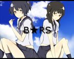  back-to-back bad_id bad_pixiv_id black_hair black_rock_shooter blue_eyes green_eyes kuroi_mato long_hair mono_(recall) multiple_girls school_uniform serafuku takanashi_yomi 