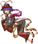  1girl eating hat japanese_clothes kimono nagae_iku neichiru purple_hair red_eyes sandals shawl short_hair solo touhou 