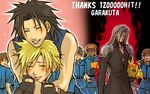  3boys black_hair blonde_hair chocobo cloud_strife crowd earrings final_fantasy final_fantasy_vii fingerless_gloves fire friends gloves jewelry long_hair male male_focus multiple_boys sephiroth silver_hair smile standing uniform zack_fair 