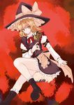  blonde_hair boots hat kirisame_marisa red_background solo takaharu touhou wand witch_hat 