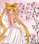  bishoujo_senshi_sailor_moon blonde_hair blue_eyes cherry_blossoms crown double_bun dress hair_buns heart moon pregnant princess smile tsukino_usagi white_dress 