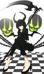  black_dress black_hair black_legwear black_rock_shooter chain checkered checkered_floor dead_master dress green_eyes holding holding_scythe horns lang_(chikage36) leggings long_hair looking_at_viewer perspective scythe shoes skull smile solo 