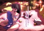  ahoge animal barefoot black_hair blue_eyes blush bow bunny dog ganaha_hibiki idolmaster idolmaster_(classic) knitting lantern long_hair maruwa_tarou panties ponytail sitting solo translated underwear wide_ponytail yarn yarn_ball 