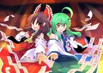  ahoge akatoro_(nightlord) bow brown_hair detached_sleeves frog green_hair hair_bow hair_ornament hakurei_reimu kochiya_sanae long_hair microphone multiple_girls ofuda short_hair snake touhou yellow_eyes 