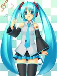  bad_id bad_pixiv_id bare_shoulders blue_eyes blue_hair checkered checkered_background detached_sleeves hatsune_miku headphones long_hair music necktie pleated_skirt singing skirt solo thighhighs tsukumiya_amane twintails very_long_hair vocaloid zettai_ryouiki 