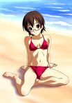  arm_support barefoot beach bikini breasts brown_eyes brown_hair cleavage feet glasses highres k-on! manabe_nodoka medium_breasts norizou_type-r ocean red-framed_eyewear semi-rimless_eyewear short_hair sitting smile solo swimsuit under-rim_eyewear 