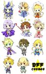  6+boys buster_sword butz_klauser cape cecil_harvey chibi cloud_strife dissidia_final_fantasy dual_wielding everyone final_fantasy final_fantasy_i final_fantasy_ii final_fantasy_iii final_fantasy_iv final_fantasy_ix final_fantasy_v final_fantasy_vi final_fantasy_vii final_fantasy_viii final_fantasy_x final_fantasy_xi frioniel highres holding multiple_boys multiple_girls onion_knight pantyhose shantotto squall_leonhart star sword tidus tina_branford warrior_of_light weapon zidane_tribal ziz_(pantwo) 