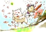  animal_ears black_hair cherry_blossoms chibiterasu child issun kuninushi minimaru ookami_(game) ookamiden petals sword weapon wolf wolf_ears 