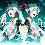  1girl aqua_eyes aqua_hair detached_sleeves genderswap genderswap_(ftm) hair_ornament hair_ribbon hairclip hatsune_miku hatsune_mikuo headphones holding_hands long_hair microphone nameko_(pixiv605672) necktie open_mouth ribbon short_hair shorts skirt twintails vocaloid 