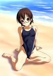  arm_support barefoot beach brown_eyes brown_hair competition_swimsuit day feet glasses highres k-on! manabe_nodoka norizou_type-r ocean one-piece_swimsuit red-framed_eyewear semi-rimless_eyewear short_hair sitting smile solo swimsuit under-rim_eyewear 