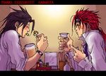 2boys alcohol beer drinking drunk eating final_fantasy final_fantasy_vii food lowres male male_focus multiple_boys reno sitting sunglasses table turks zack_fair 