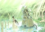  bad_id bad_pixiv_id black_hair dress forest halo long_hair monster nature original ruins sion_(laterna_magica) staff sunlight water 