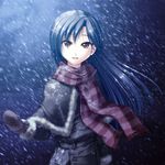  bad_id bad_pixiv_id blue_hair brown_eyes capelet coat fur_trim idolmaster idolmaster_(classic) kisaragi_chihaya long_hair mittens outstretched_hand scarf smile snow snowing solo totokichi wind 