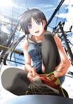  black_hair black_legwear blue_eyes day hair_ornament long_hair open_mouth original shoes sky sneakers solo thighhighs uron-rei 