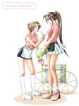  2girls apron boots cart female final_fantasy final_fantasy_vii food ice_cream long_hair multiple_girls plaid point short_hair skirt smile standing tifa_lockhart vendor visor wristband yuffie_kisaragi 